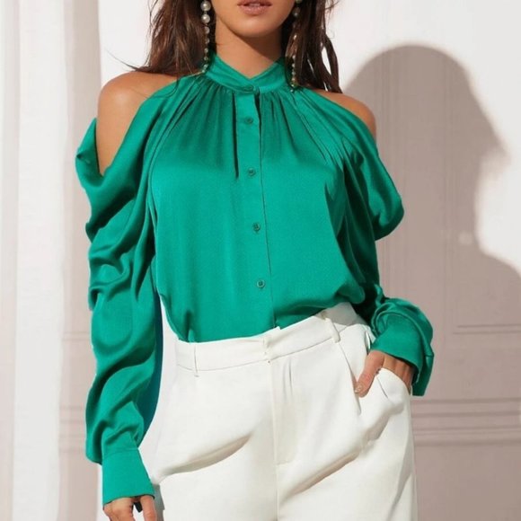 Tops - Elegant Glam Cold Shoulder Button down Satin Blouse top Shirt